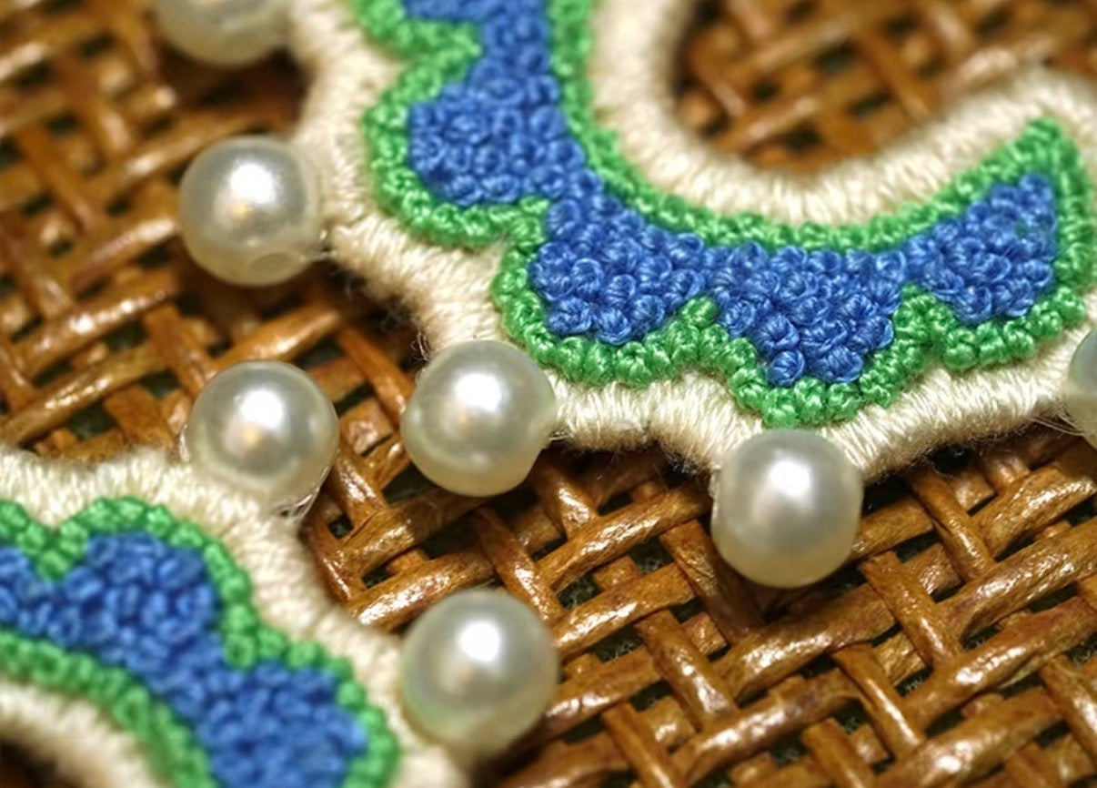 Ridge & Crescent | Hand-Embroidered Yi Seed-Stitch Earrings