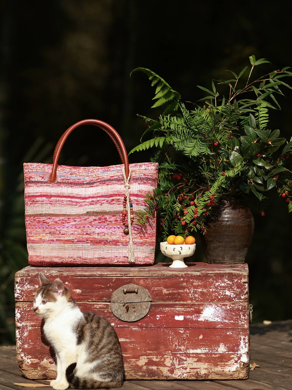 Morning Glow | Vintage Liezhi Tote in Sun-Washed Red