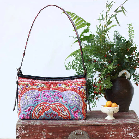 Radiant Blessing | Vintage Zhuang Hand-Embroidered Reversible Hobo Bag